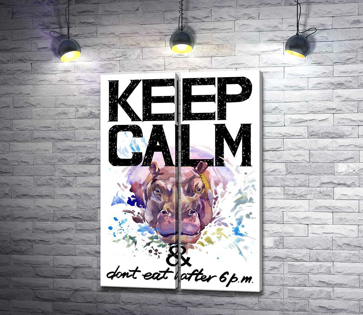 модульная картина Бегемот выглядывает из воды между надписью "keep calm and don't eat after 6 p.m." (Модуль №6)