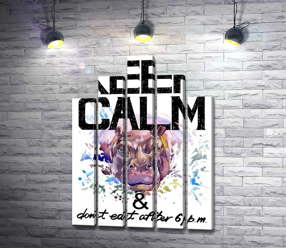 модульная картина Бегемот выглядывает из воды между надписью "keep calm and don't eat after 6 p.m." (Модуль №29)