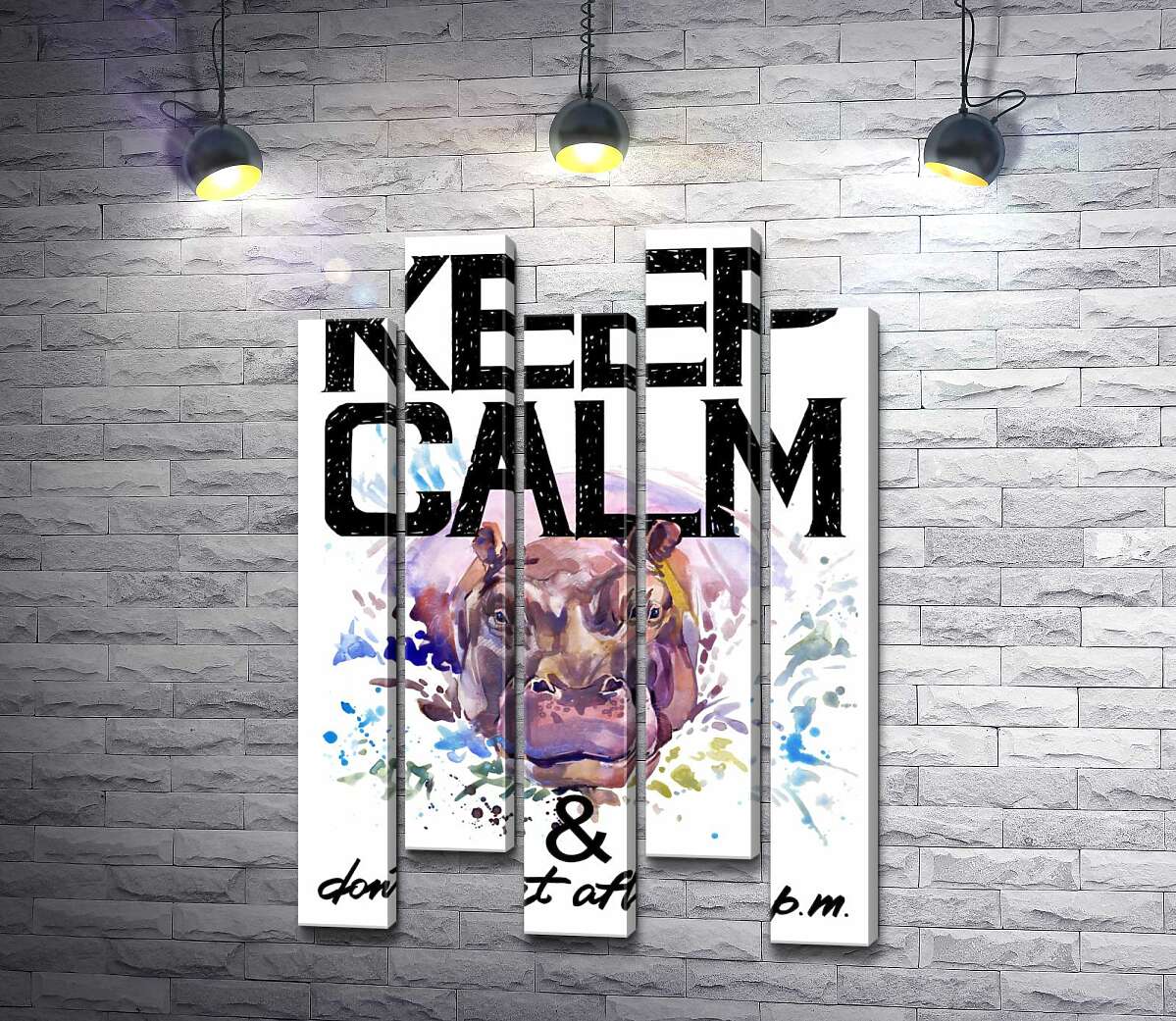 модульна картина Бегемот виглядає з води між написом "keep calm and don't eat after 6 p.m." (Модуль №30)