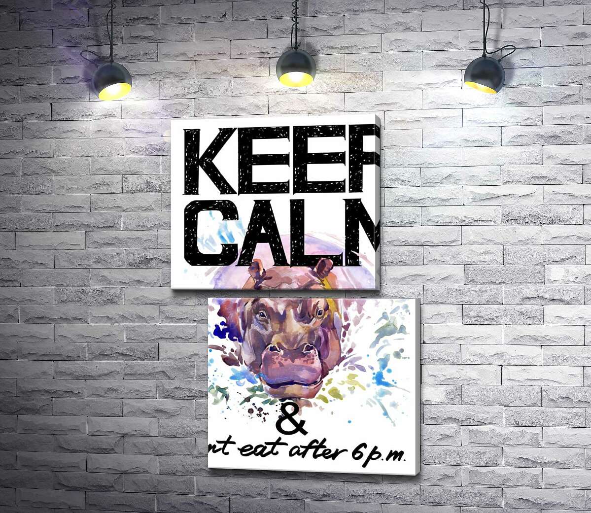 модульная картина Бегемот выглядывает из воды между надписью "keep calm and don't eat after 6 p.m." (Модуль №8)