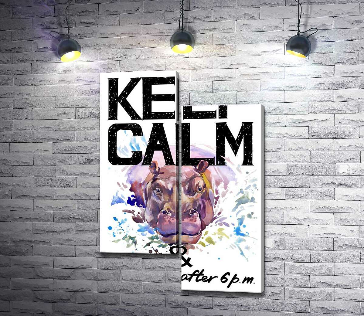модульная картина Бегемот выглядывает из воды между надписью "keep calm and don't eat after 6 p.m." (Модуль №9)