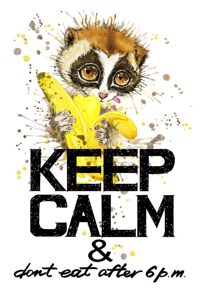 картина-постер Маленький лемур ест банан над надписью "keep calm and don't eat after 6 p.m."