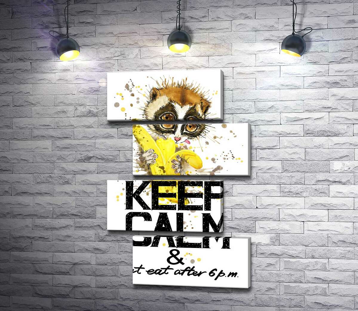 модульная картина Маленький лемур ест банан над надписью "keep calm and don't eat after 6 p.m." (Модуль №23)