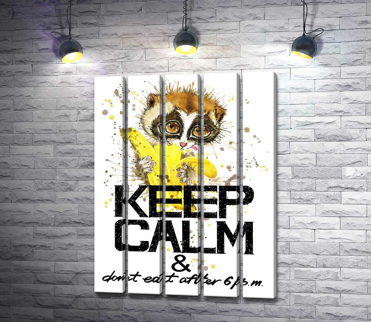 модульная картина Маленький лемур ест банан над надписью "keep calm and don't eat after 6 p.m." (Модуль №26)