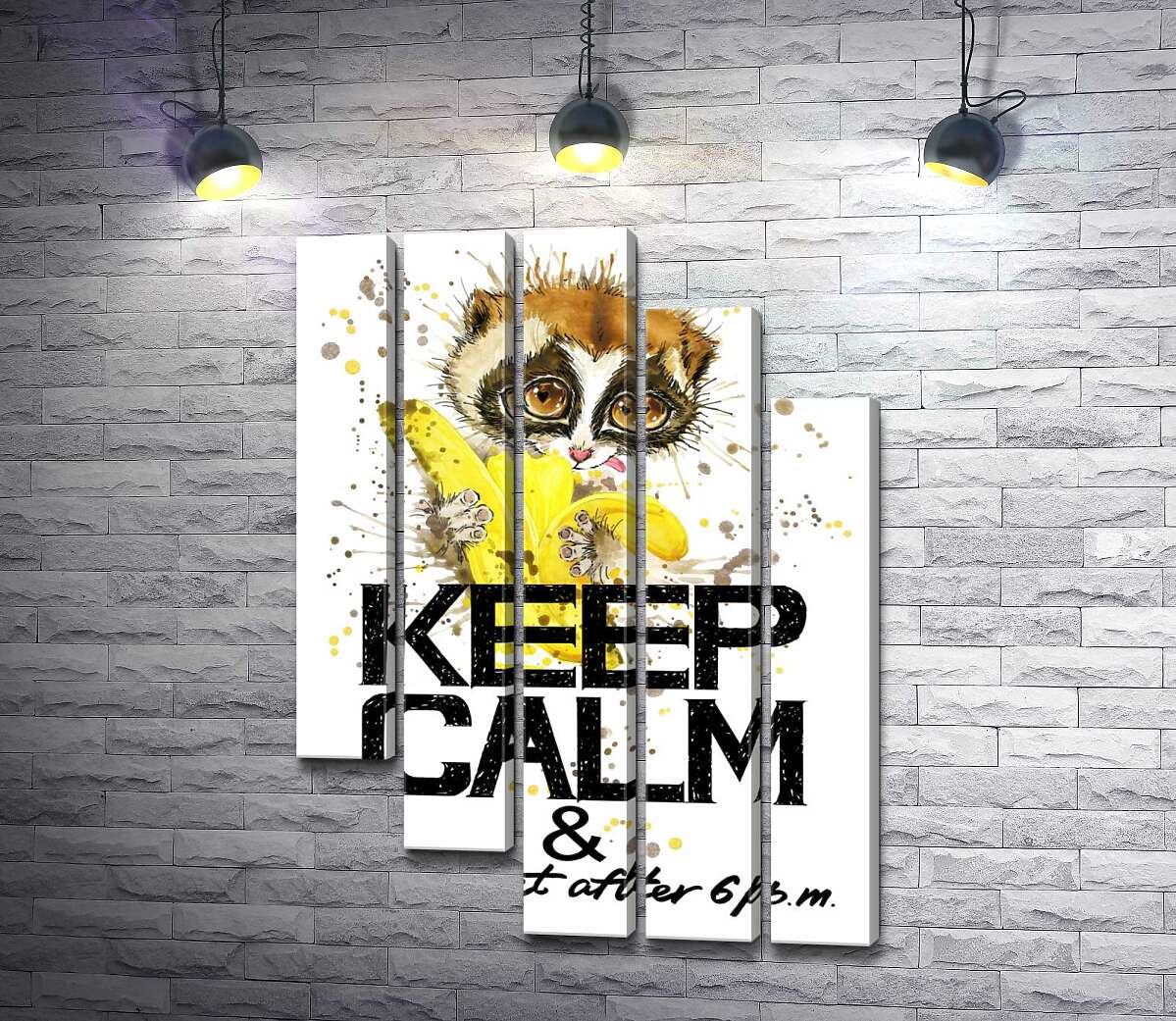 модульная картина Маленький лемур ест банан над надписью "keep calm and don't eat after 6 p.m." (Модуль №28)