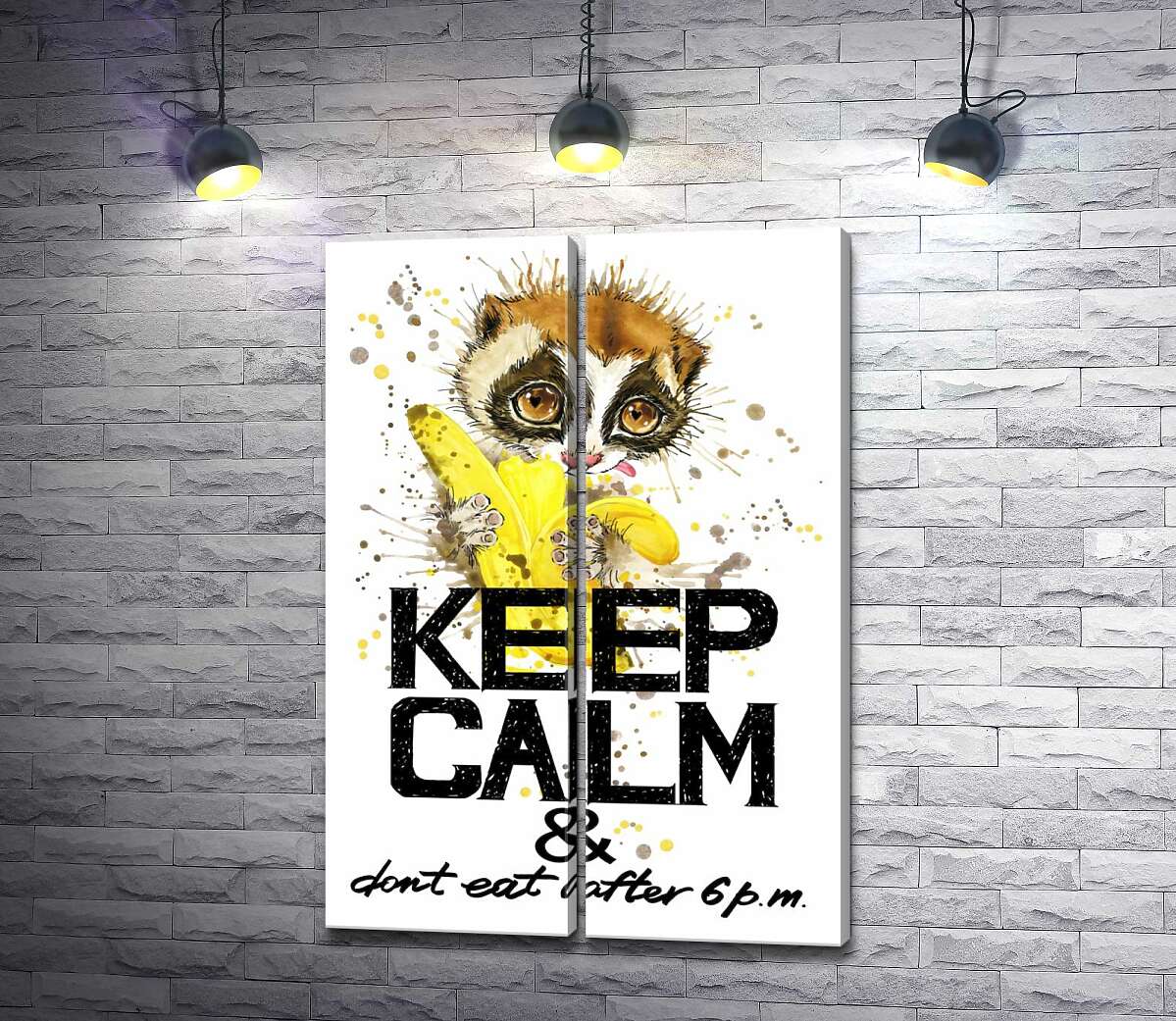 модульна картина Маленький лемур їсть банан над написом "keep calm and don't eat after 6 p.m."