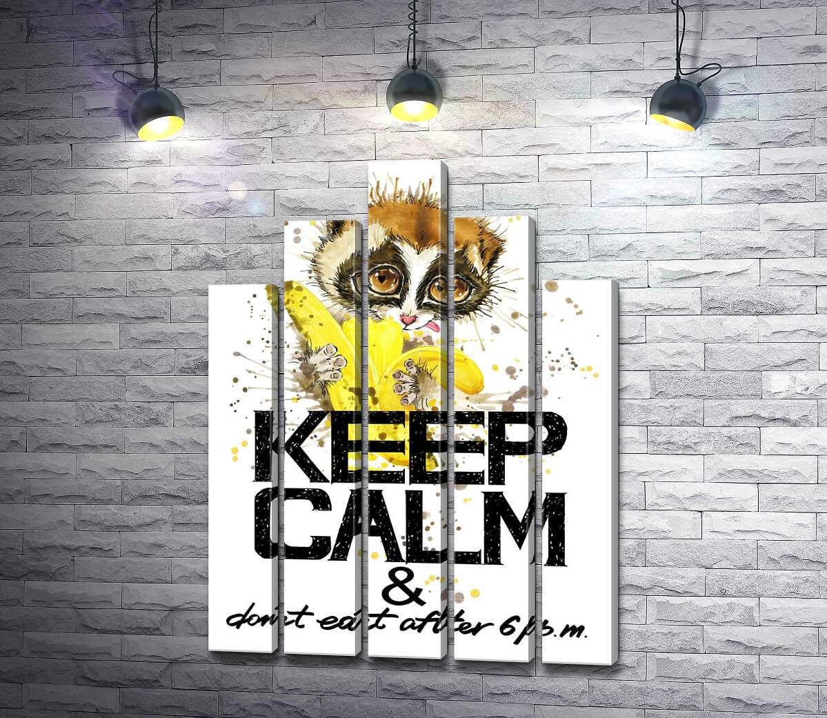 модульна картина Маленький лемур їсть банан над написом "keep calm and don't eat after 6 p.m." (Модуль №29)