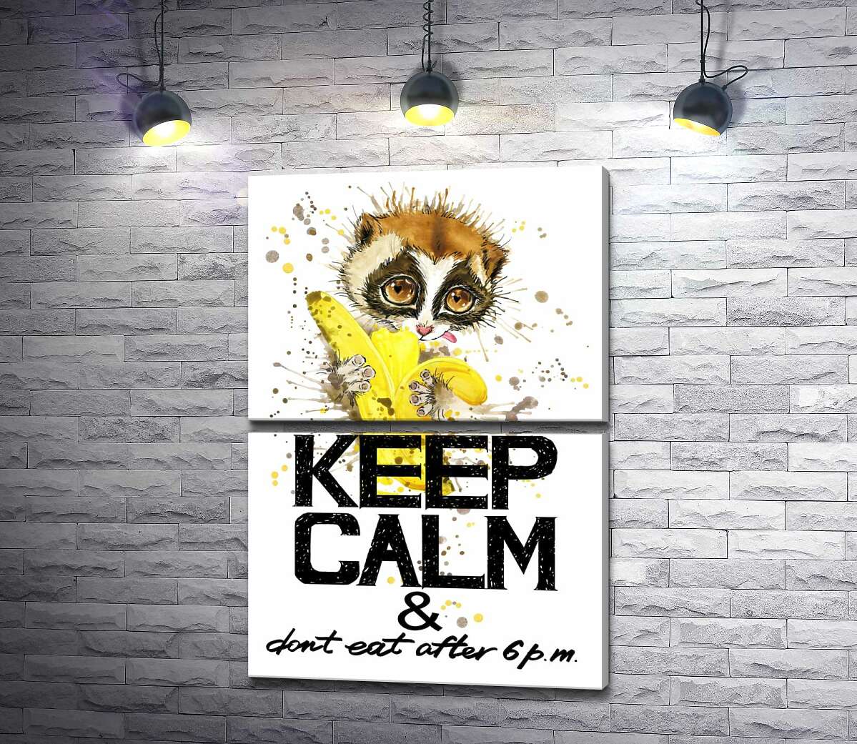 модульна картина Маленький лемур їсть банан над написом "keep calm and don't eat after 6 p.m." (Модуль №7)