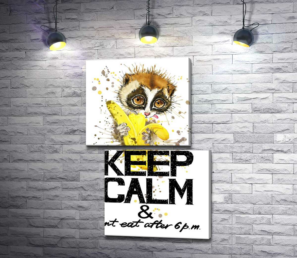 модульна картина Маленький лемур їсть банан над написом "keep calm and don't eat after 6 p.m." (Модуль №8)