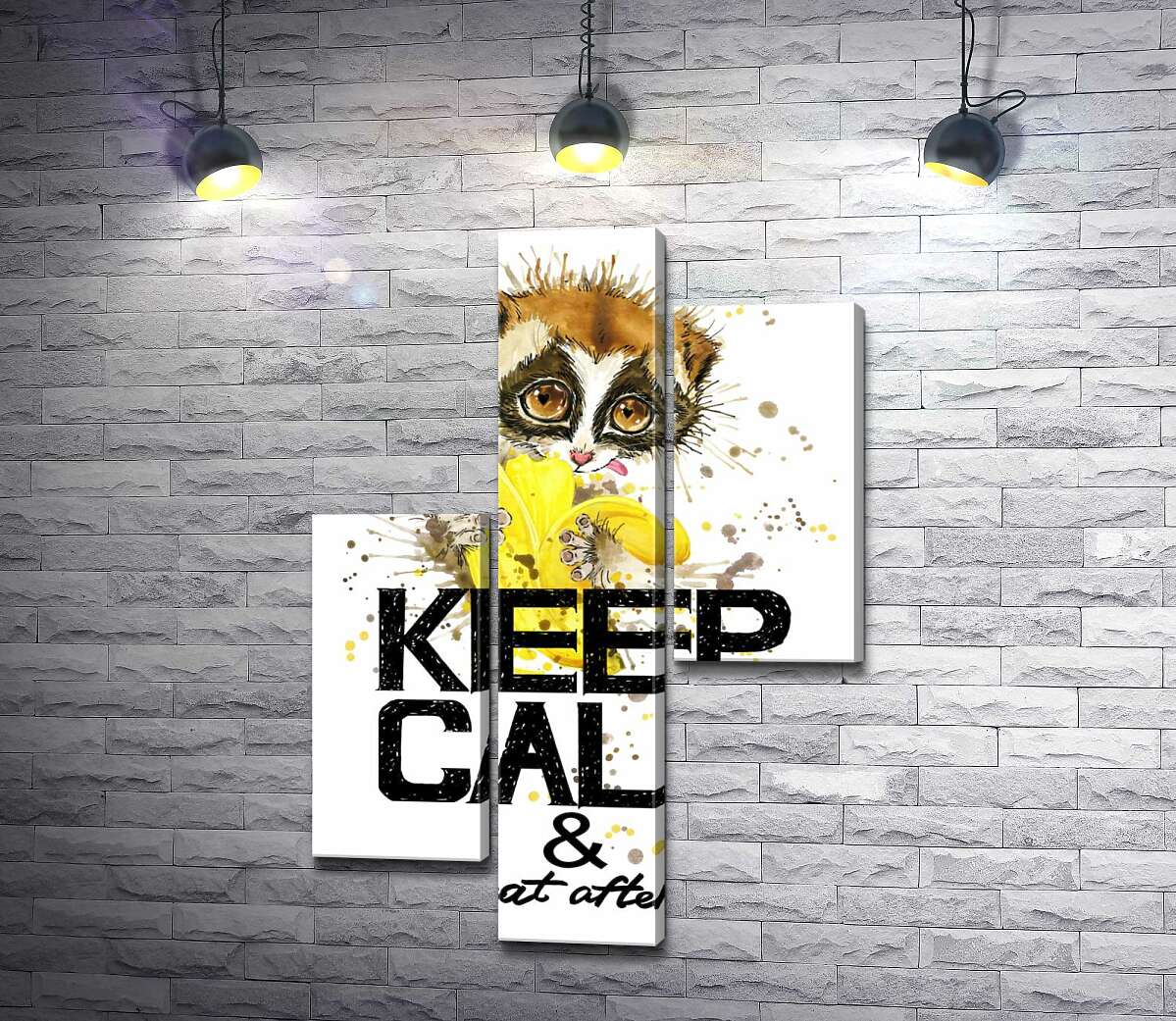 модульная картина Маленький лемур ест банан над надписью "keep calm and don't eat after 6 p.m." (Модуль №12)