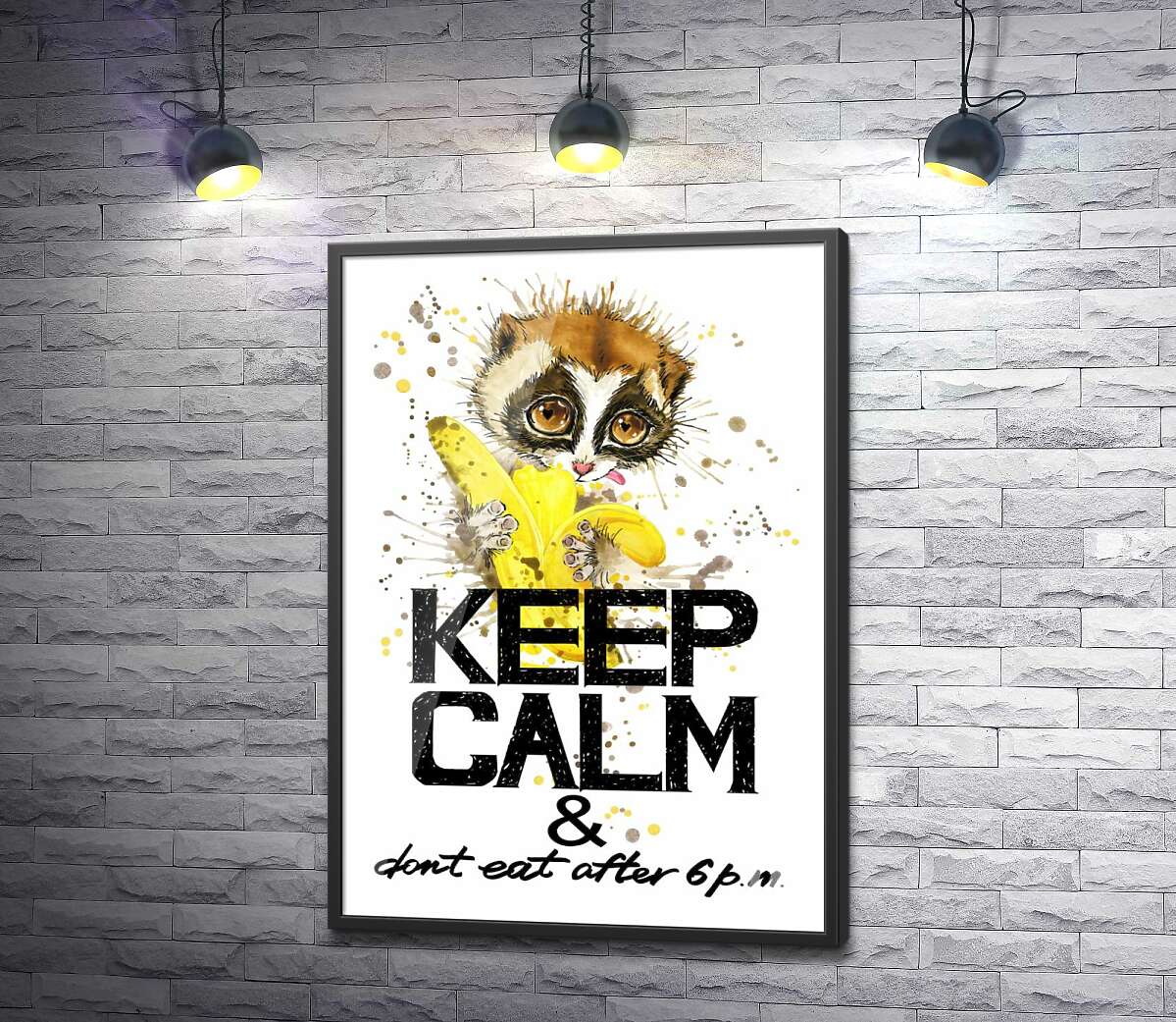 постер Маленький лемур ест банан над надписью "keep calm and don't eat after 6 p.m."
