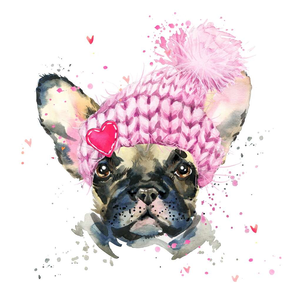 картина-постер Французский бульдог в розовой шапке