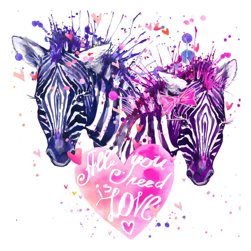 картина-постер Пара зебр возле сердца с надписью "all you need is love"