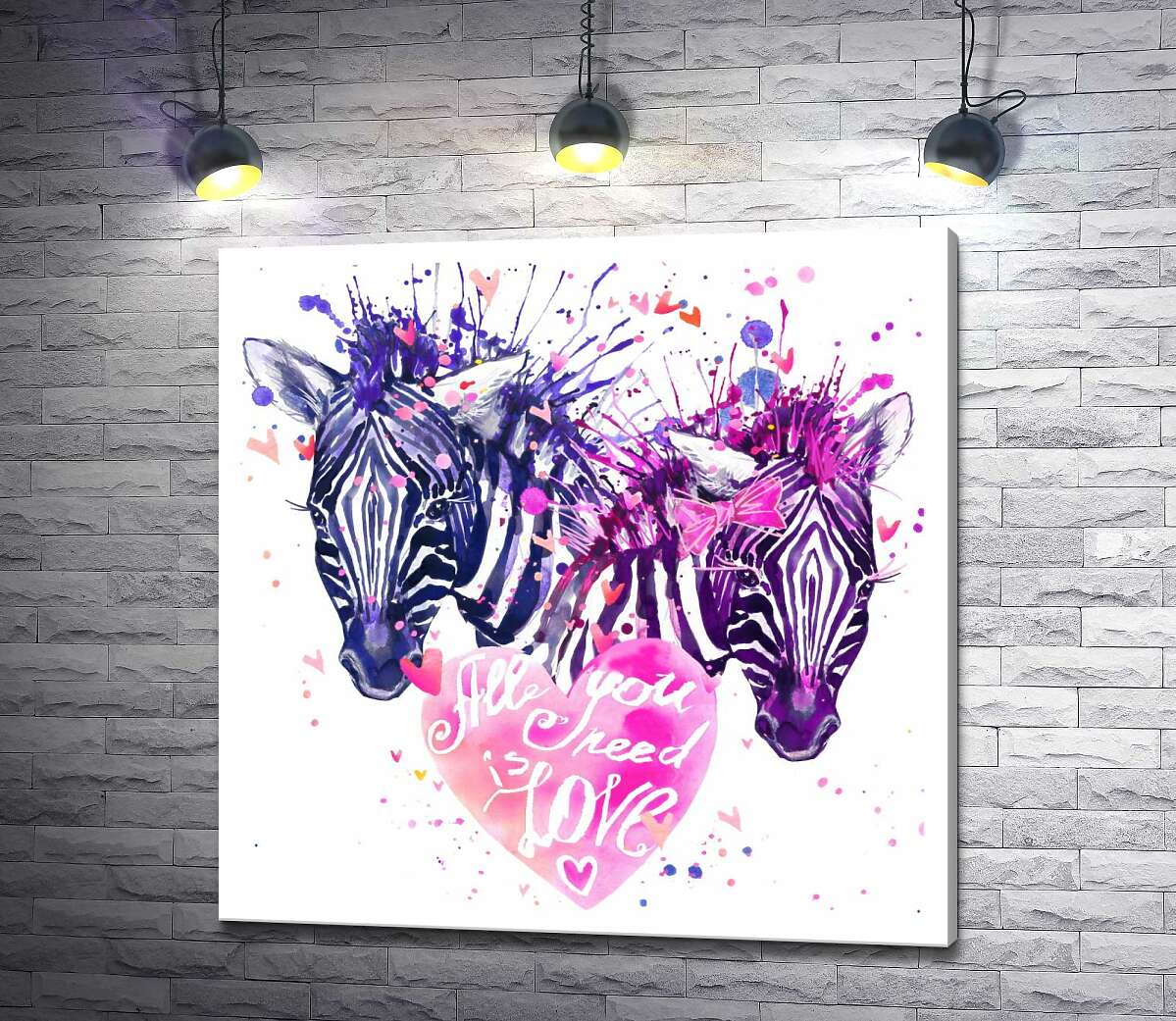 картина Пара зебр біля серця з написом "all you need is love"