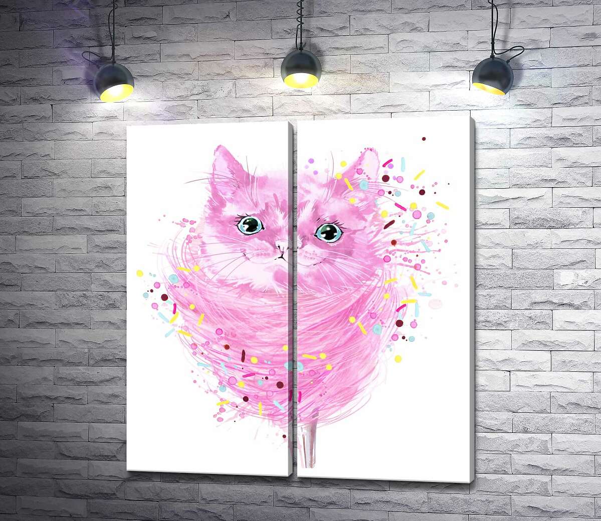 модульная картина Розовая мордашка кота выглядывает из сахарной ваты