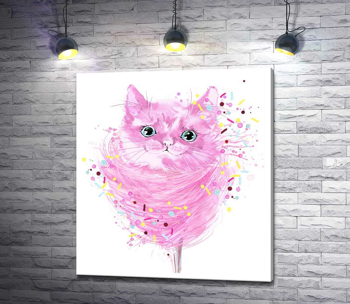 картина Розовая мордашка кота выглядывает из сахарной ваты