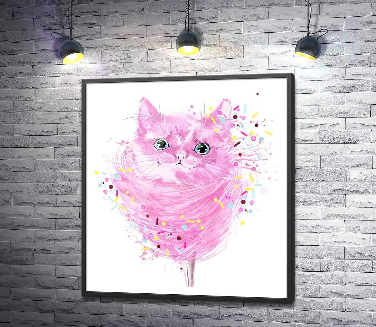 постер Розовая мордашка кота выглядывает из сахарной ваты