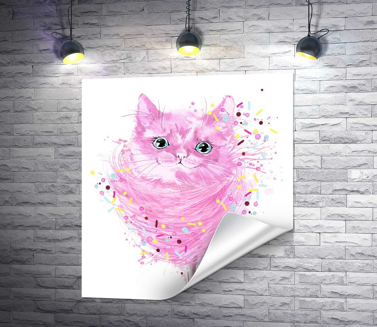 печать Розовая мордашка кота выглядывает из сахарной ваты