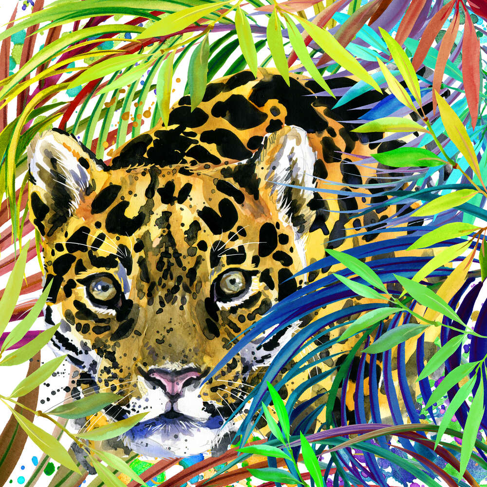 картина-постер Пятнистый ягуар затаился в зарослях джунглей