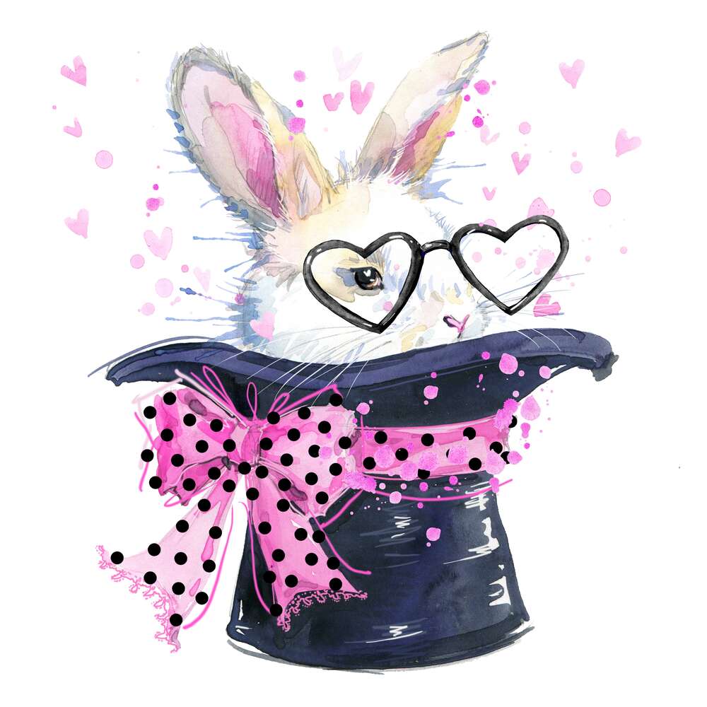 картина-постер Белый заяц в очках выглядывает из шляпы с розовым бантом