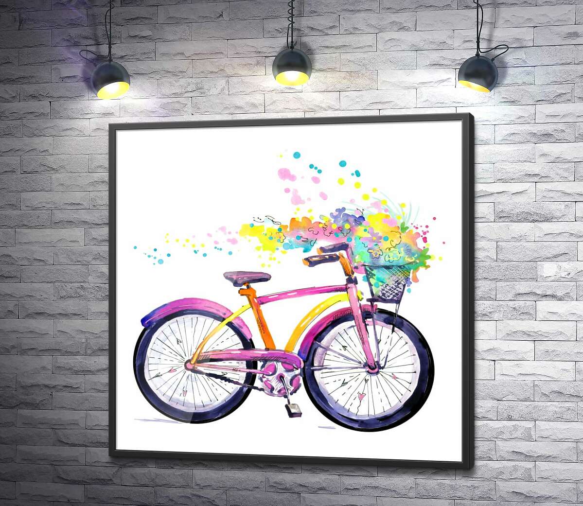 постер Яскравий велосипед з букетом квітів в корзині