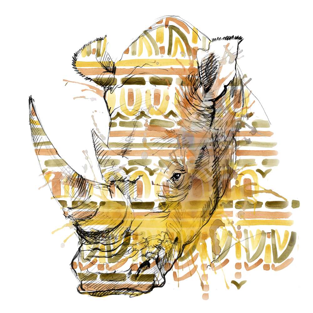 картина-постер Носорог в узорах пастельного орнамента