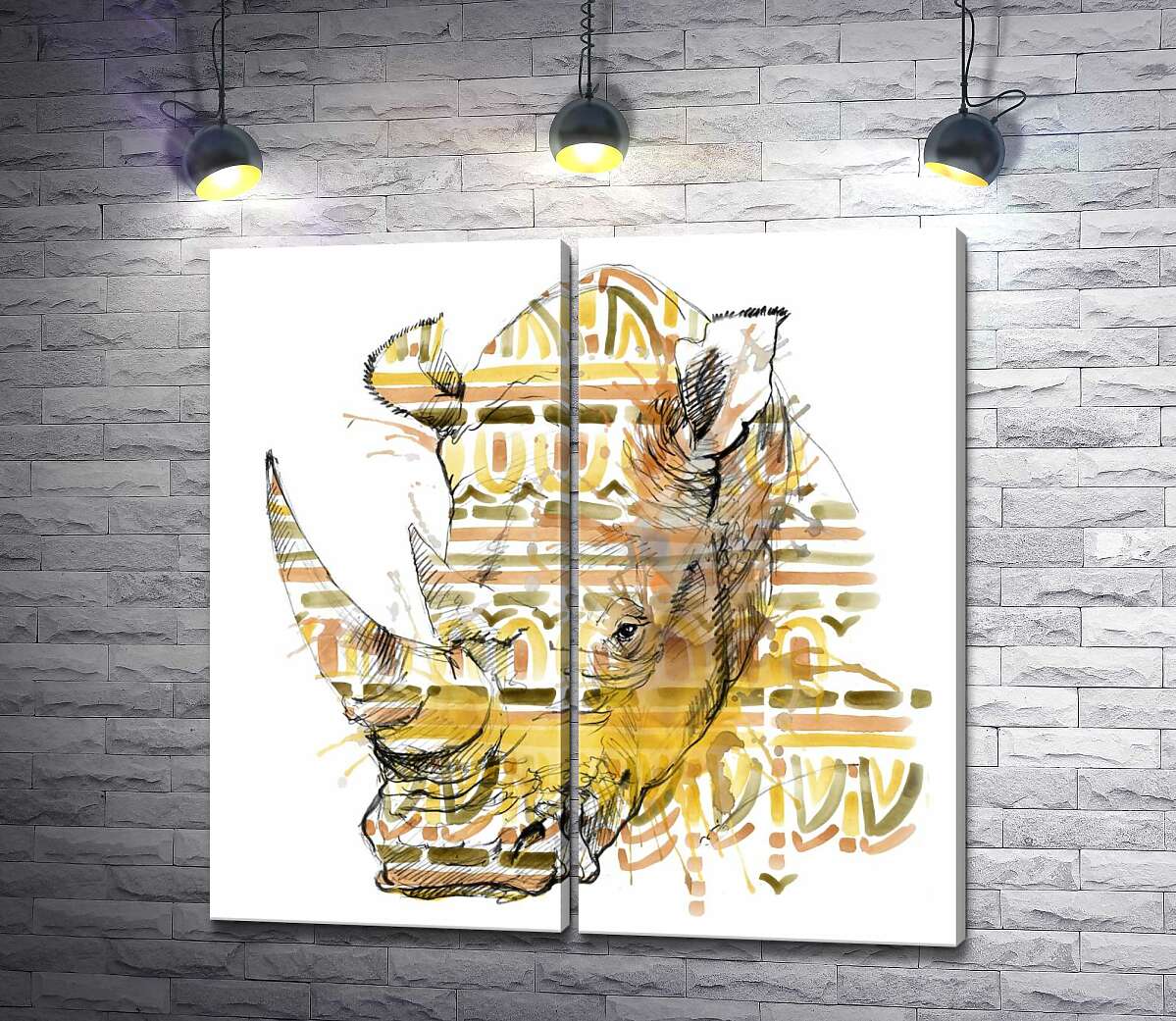модульная картина Носорог в узорах пастельного орнамента