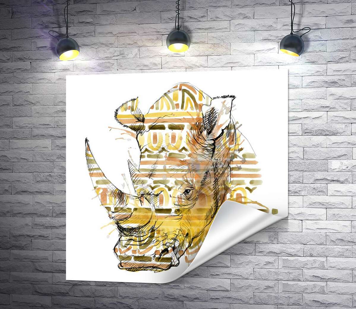 печать Носорог в узорах пастельного орнамента