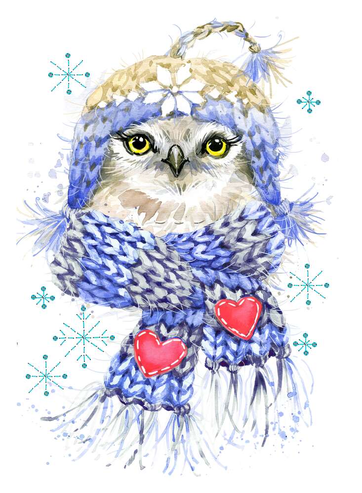 картина-постер Зимняя сова в шапке и шарфе