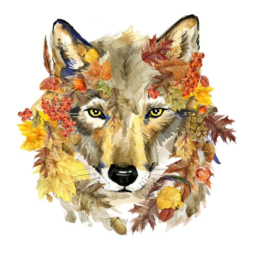 картина-постер Волк в окружении осенних даров леса