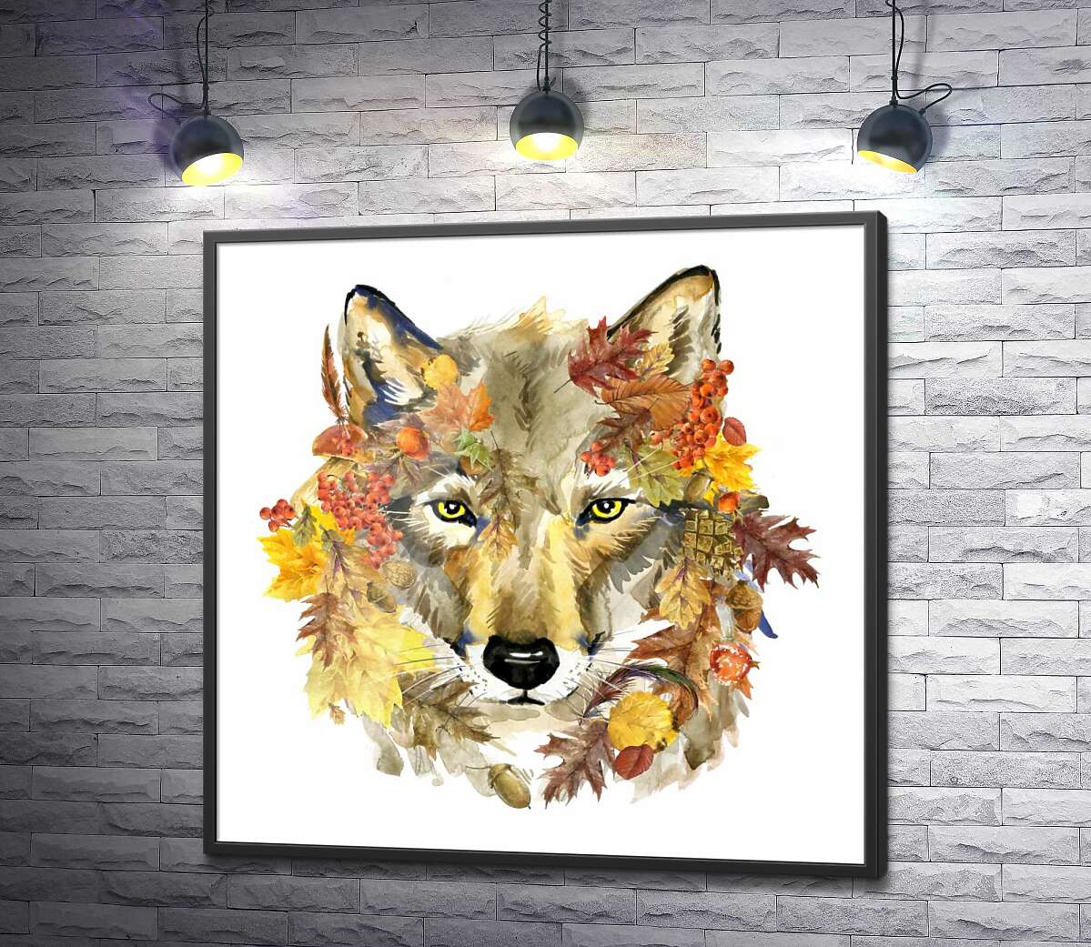 постер Волк в окружении осенних даров леса