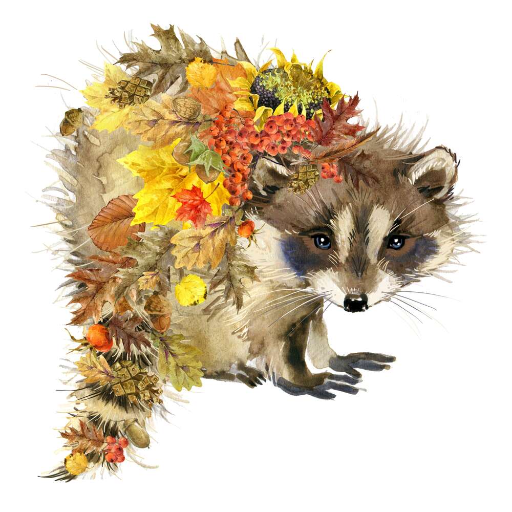 картина-постер Соняшник, калина та осіннє листя на спині єнота