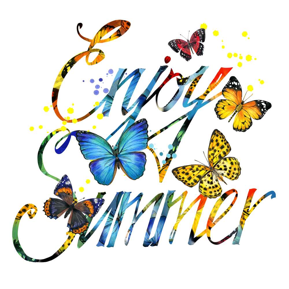 картина-постер Яркие бабочки летают среди надписи "enjoy summer"