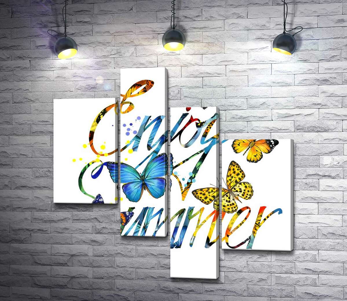 модульная картина Яркие бабочки летают среди надписи "enjoy summer" (Модуль №21)