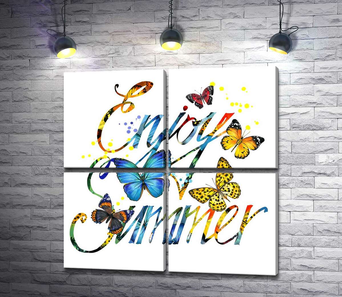 модульная картина Яркие бабочки летают среди надписи "enjoy summer" (Модуль №25)