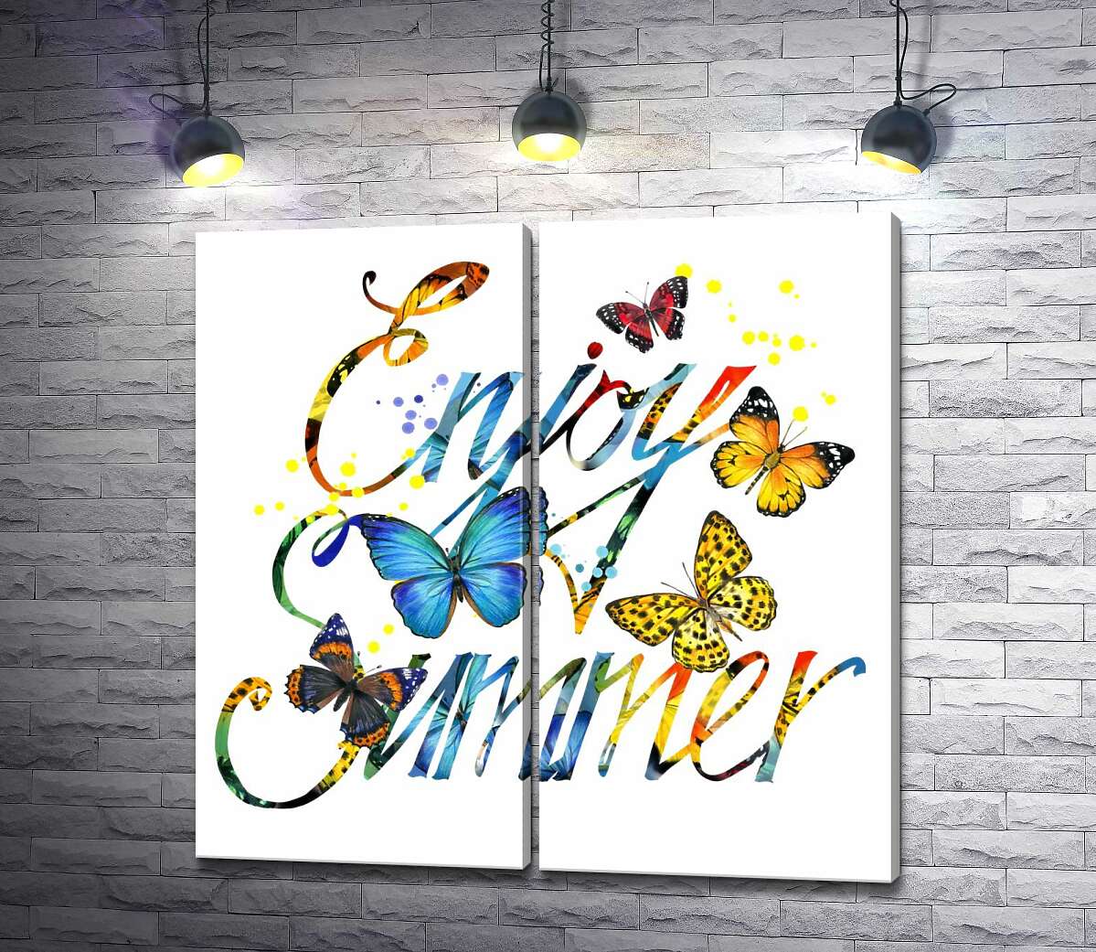 модульна картина Яскраві метелики літають серед напису "enjoy summer"