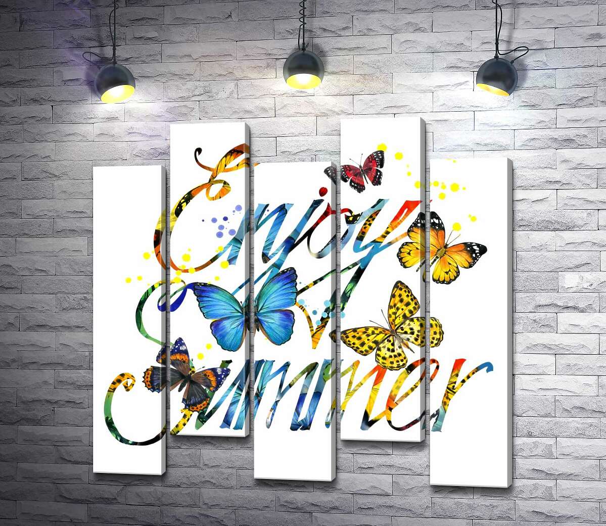 модульная картина Яркие бабочки летают среди надписи "enjoy summer" (Модуль №30)