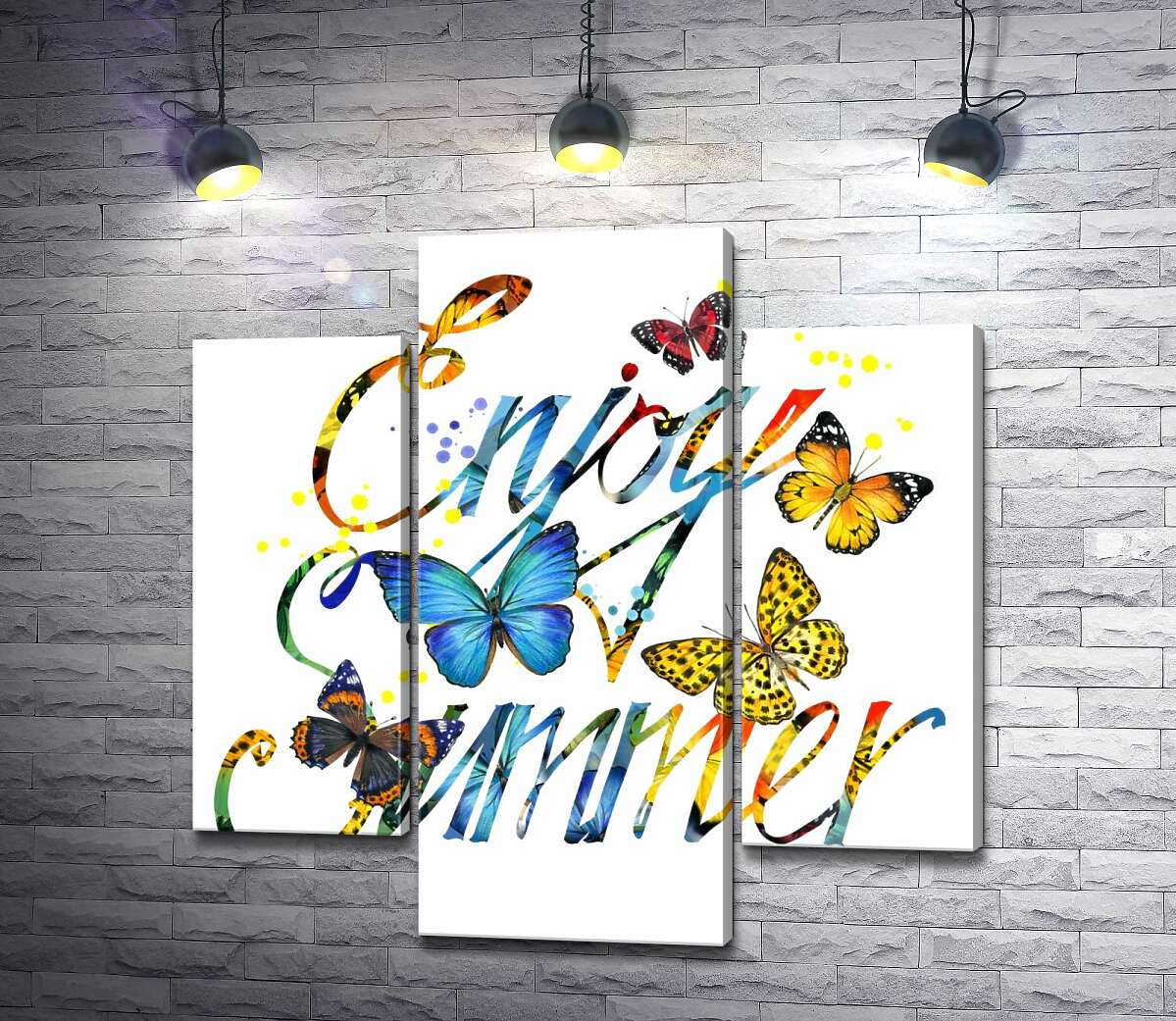 модульная картина Яркие бабочки летают среди надписи "enjoy summer" (Модуль №10)