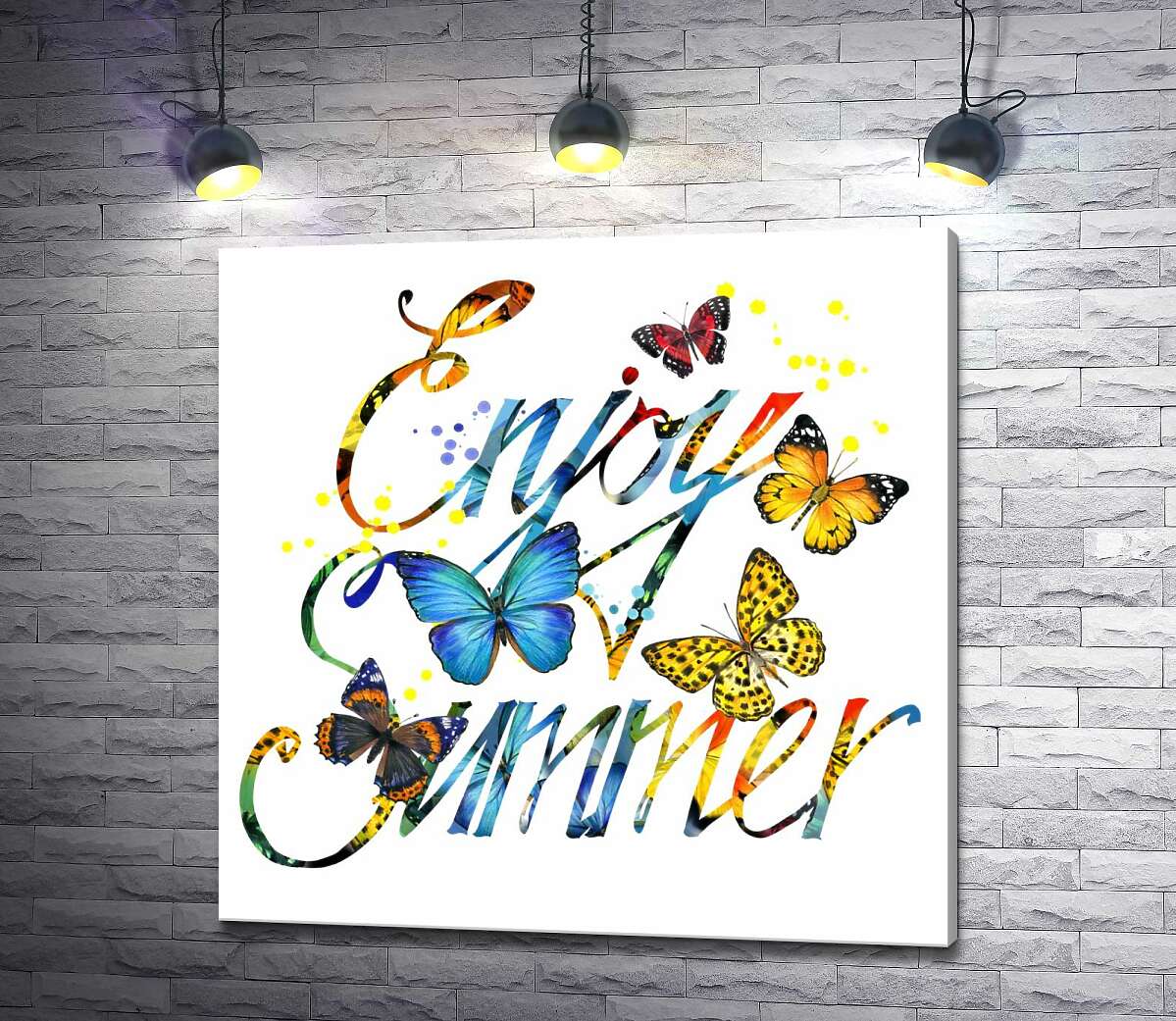 картина Яркие бабочки летают среди надписи "enjoy summer"