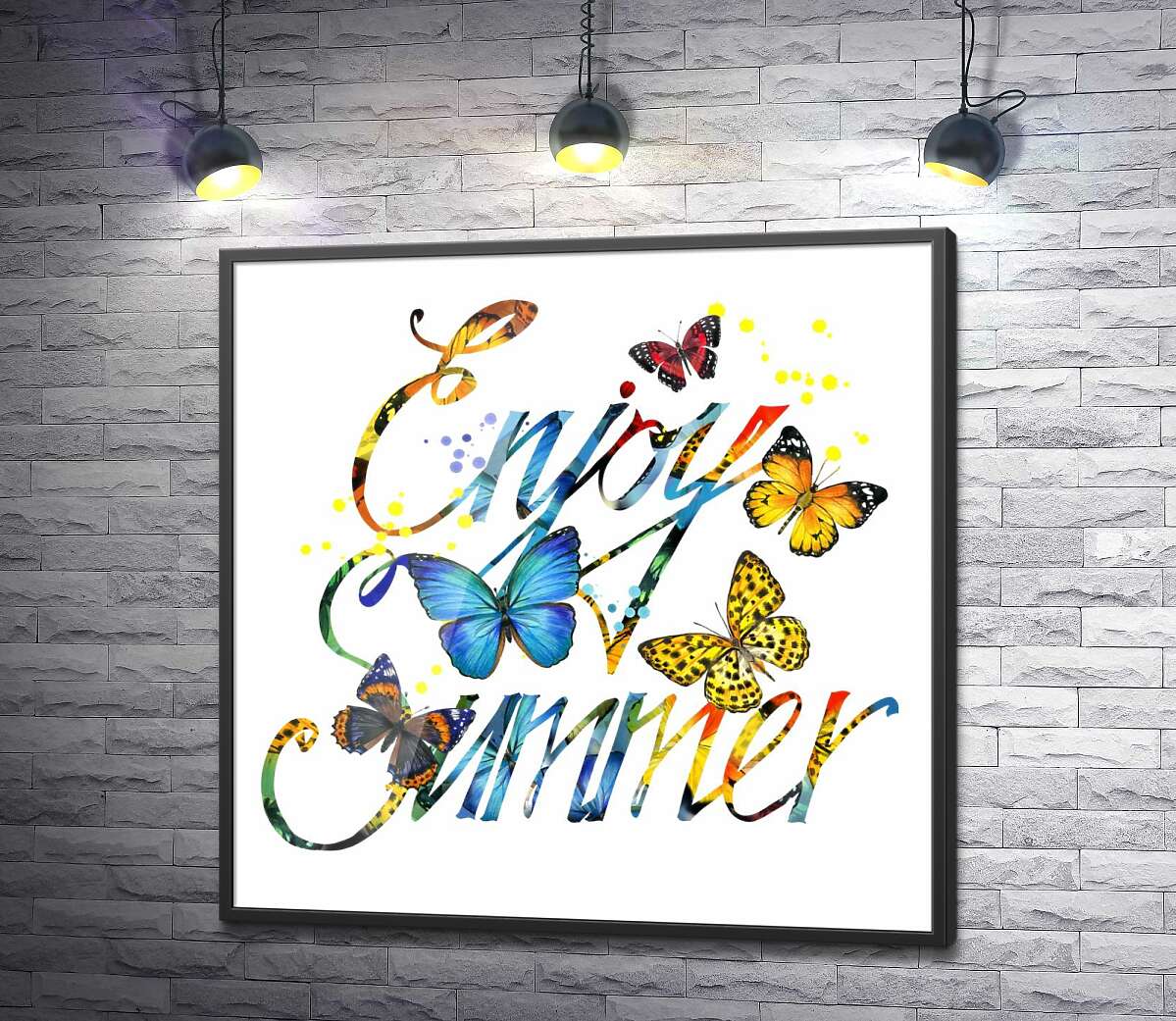 постер Яркие бабочки летают среди надписи "enjoy summer"
