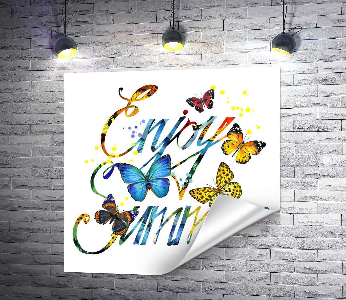 печать Яркие бабочки летают среди надписи "enjoy summer"