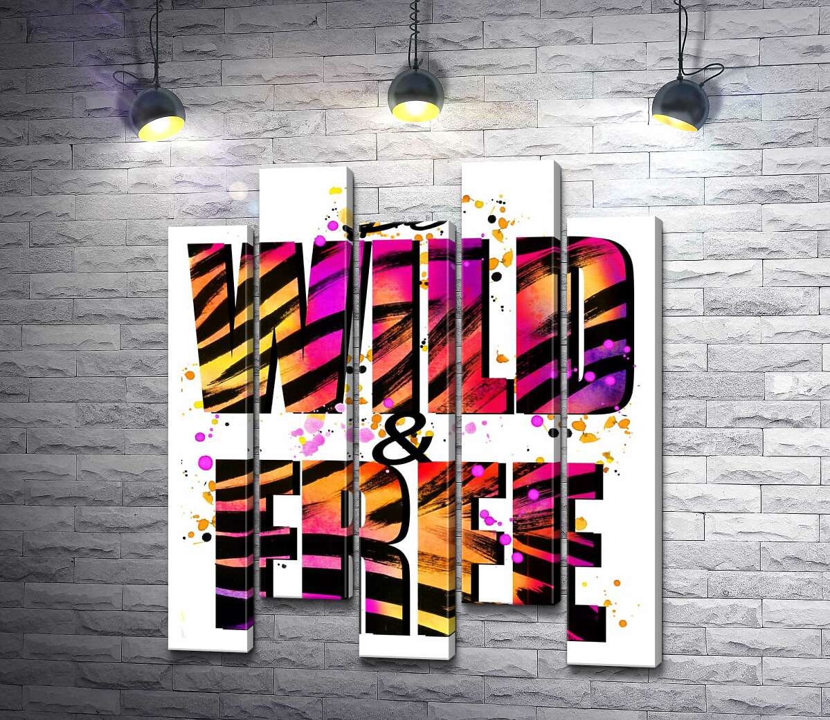 модульна картина Фіолетово-жовта яскравість літер "be wild and free" (Модуль №30)