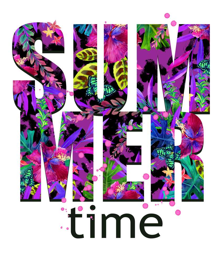 картина-постер Рисунок цветочной клумбы в фиолетовых тонах на буквах "summertime"