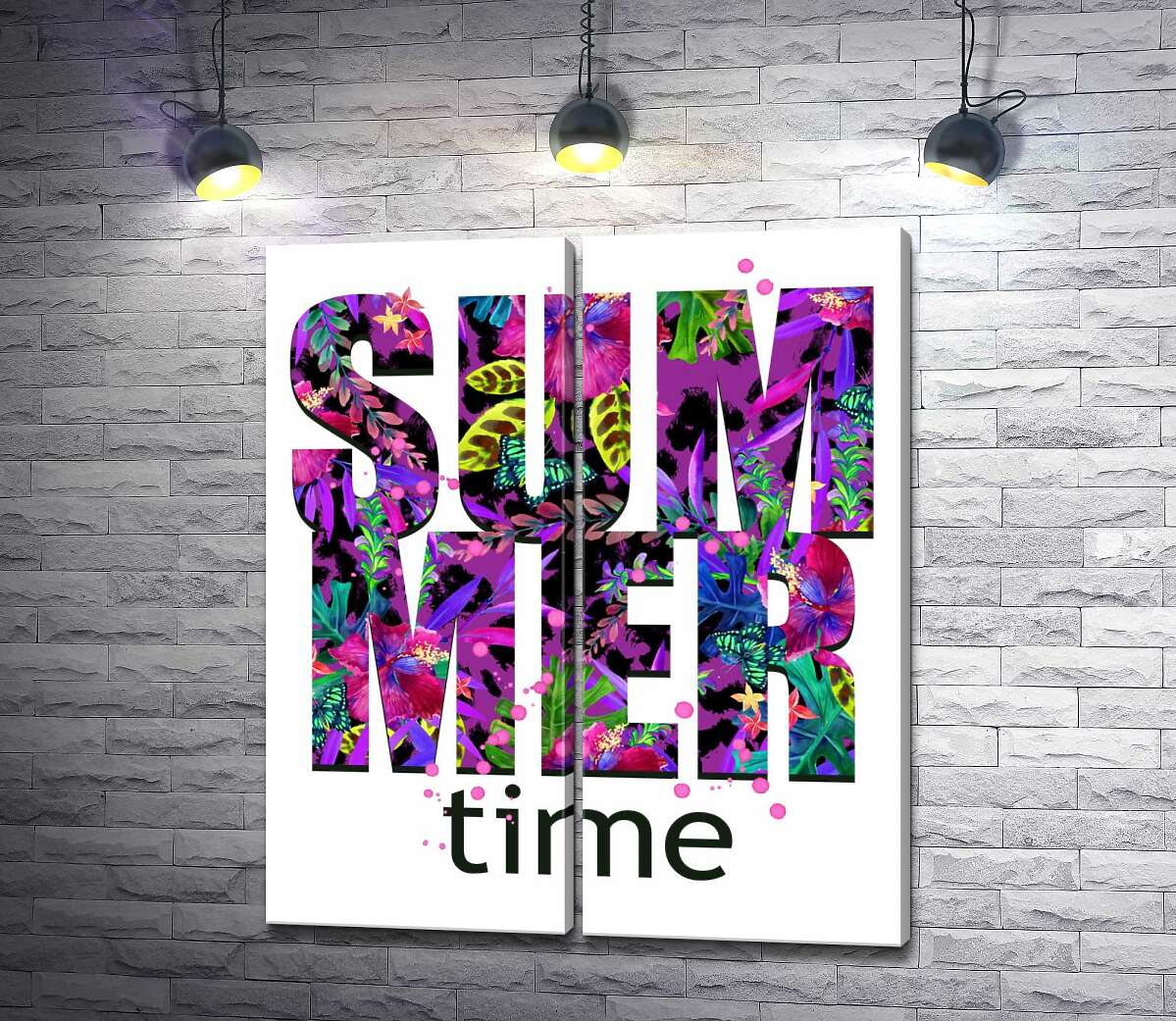 модульная картина Рисунок цветочной клумбы в фиолетовых тонах на буквах "summertime"