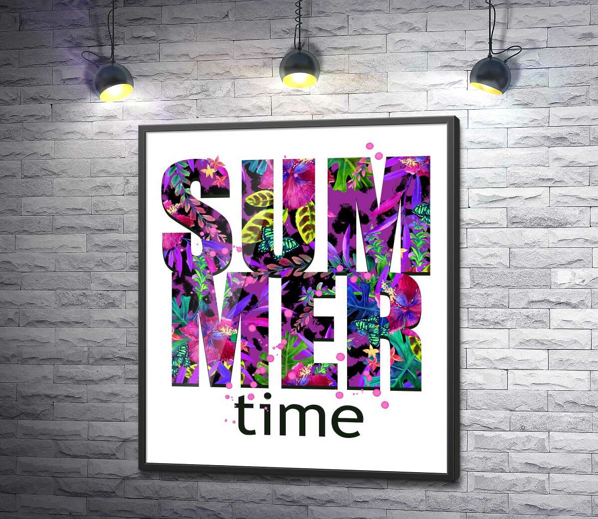 постер Малюнок квіткової клумби у фіолетових тонах на літерах "summertime"