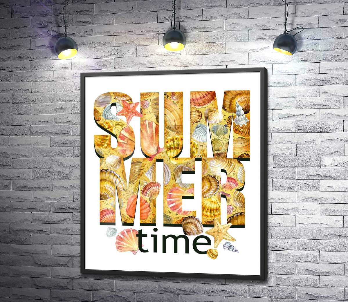 постер Надпись "summertime" усыпана морскими ракушками