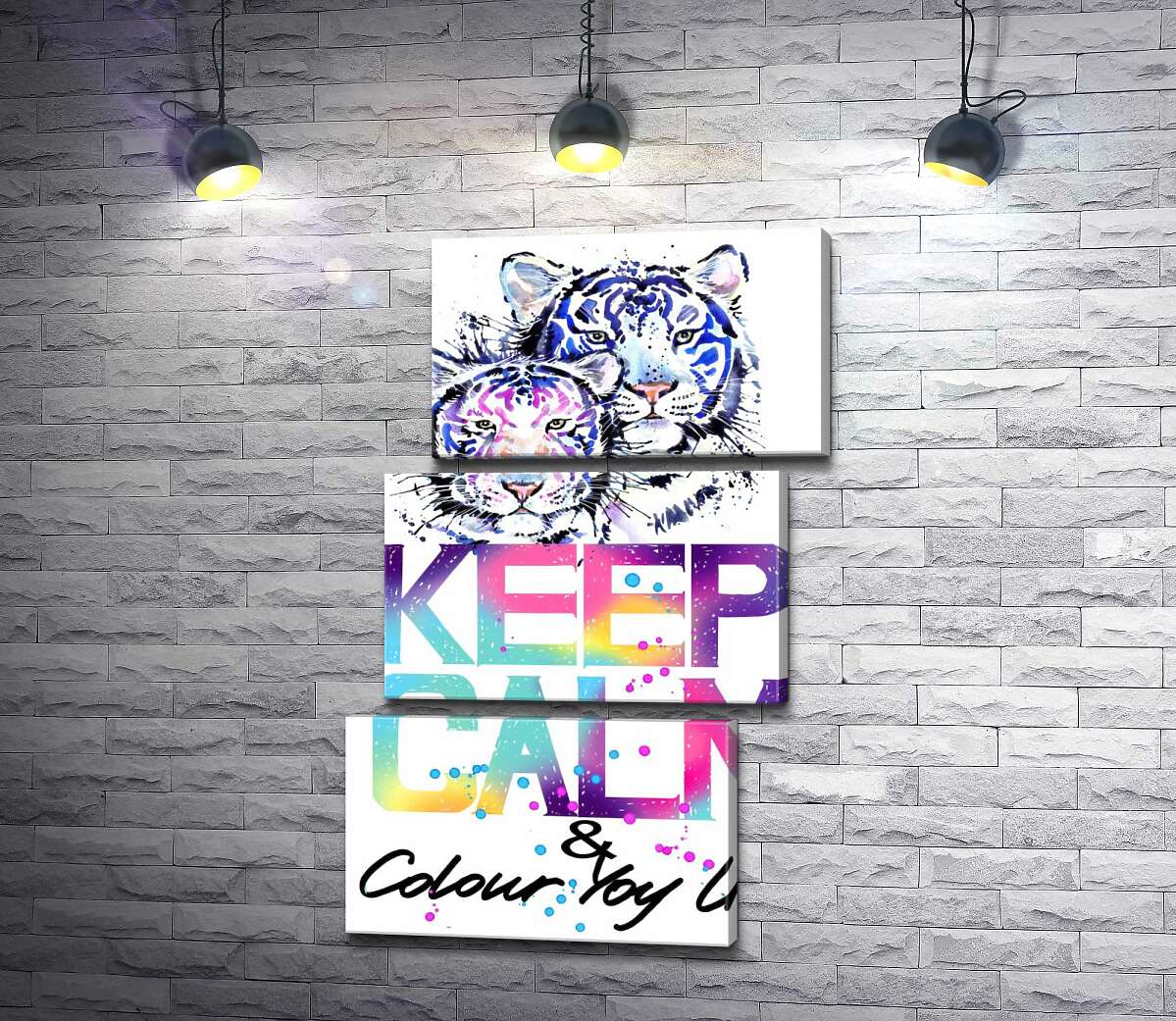 модульна картина Білі тигри під написом "keep calm and colour your life" (Модуль №17)