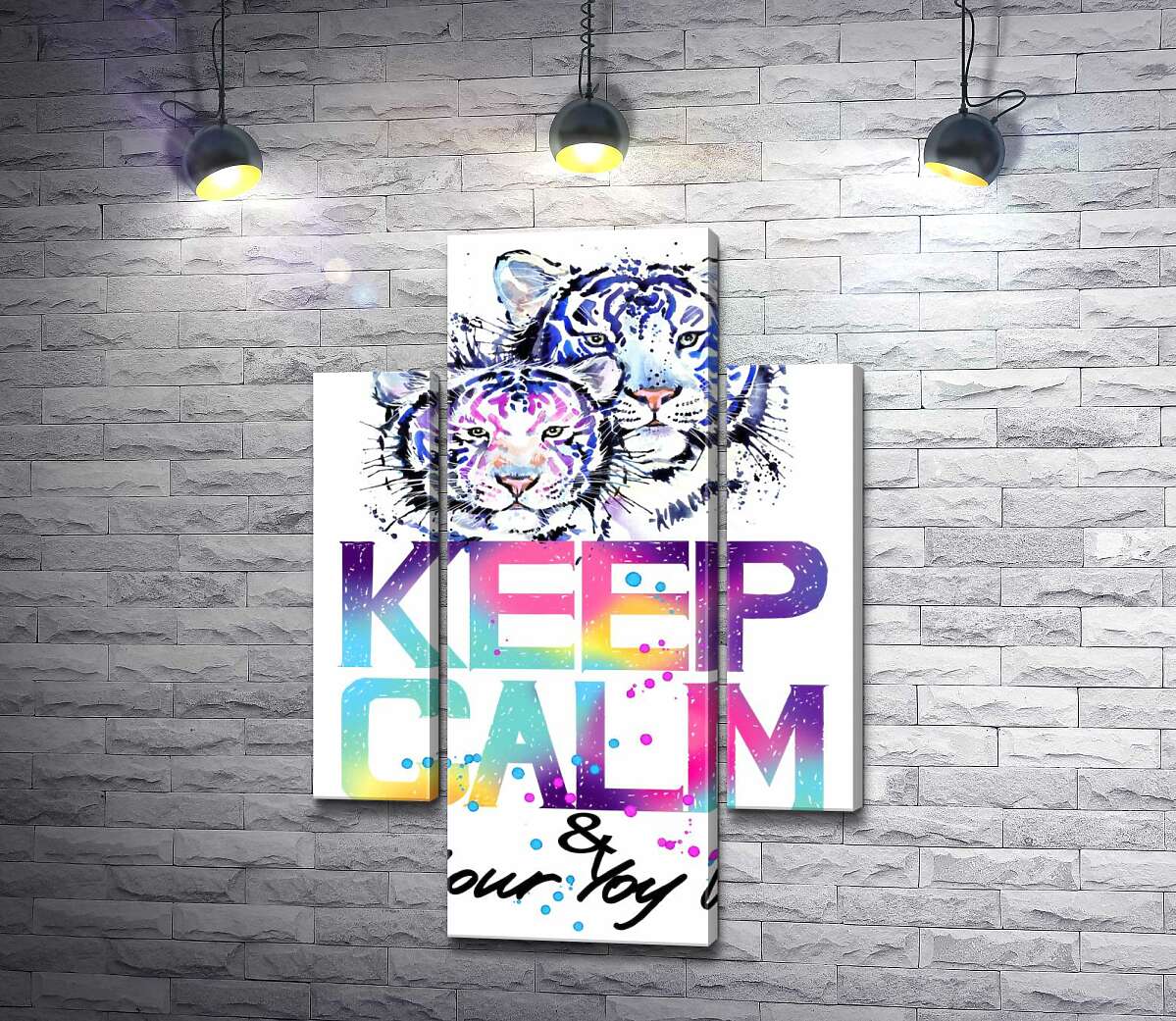 модульна картина Білі тигри під написом "keep calm and colour your life" (Модуль №5)
