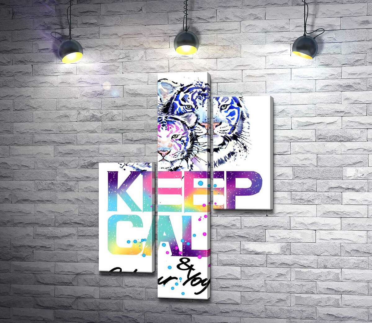 модульна картина Білі тигри під написом "keep calm and colour your life" (Модуль №12)