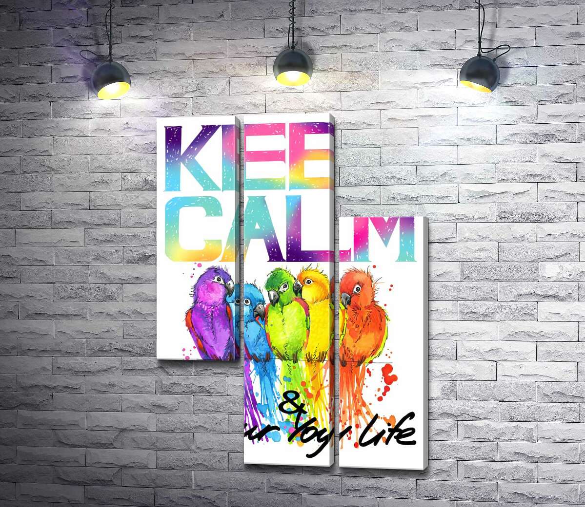 модульная картина Яркое оперение попугаев среди надписи "keep calm and colour your life" (Модуль №13)